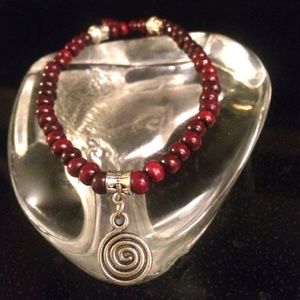 Wooden Beaded Anklet, Silver Spiral Pendant